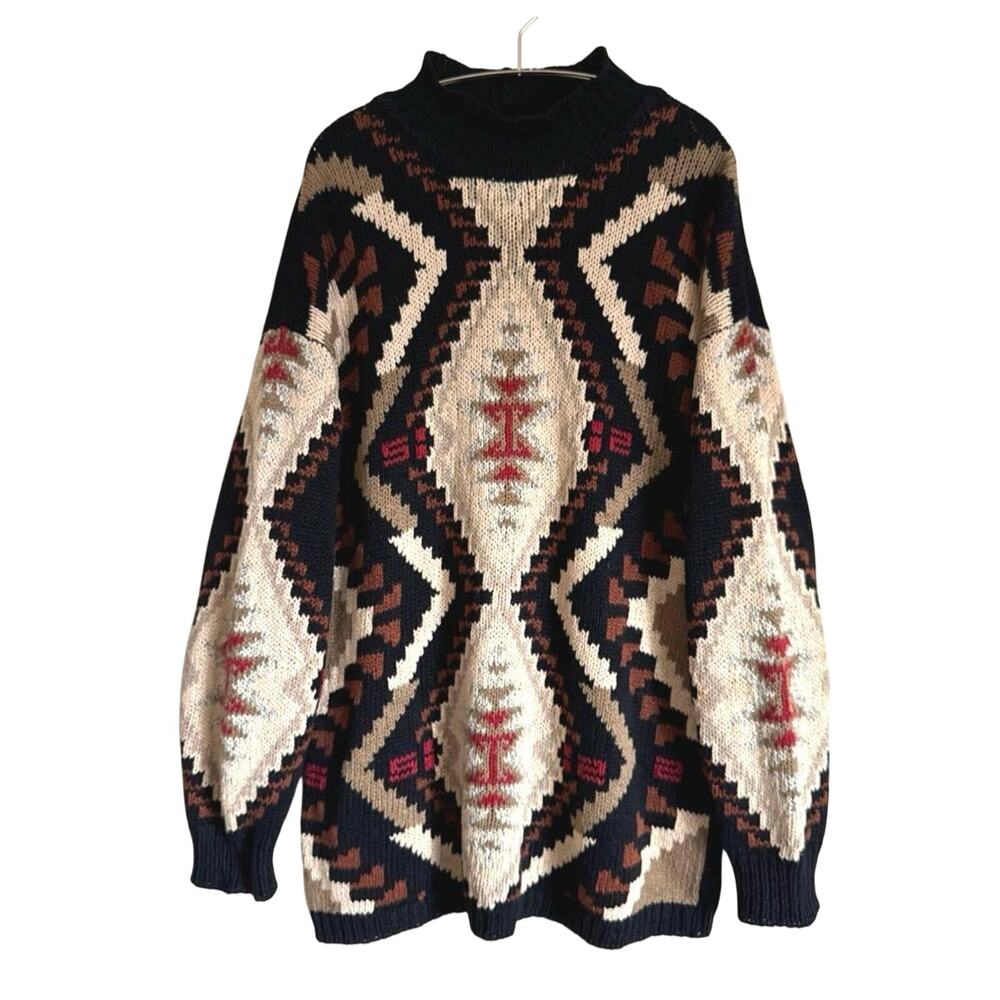 VTG Jeanne Pierre Southwestern Aztec Tribal Mock Neck Sweater‎ Multicolor Medium